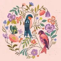 IXXI Swallow Birds, Bethan Janine - 100 x 100 cm - Grote wanddecoratie en posters - Fantasierijk, Kleurrijk, Illustraties, Woonkamer, Kinderkamer