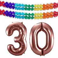 Folat Verjaardag Leeftijd folieballon - 30 jaar - rosé goud - 86 cm - cijferballon groot - incl 2x feestslingers