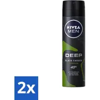 Nivea 2 x - Men - Deodorant - Spray - Deep Black Carbon Amazonia - 150 ml - MEN - Deodorant Spray - Anti-transpirant - 48 Uur Bescherming - Black Carbon