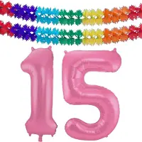Folat Verjaardag Leeftijd folieballon - 15 jaar - roze - 86 cm - cijferballon groot - incl 2x feestslingers