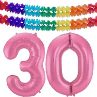 Folat Verjaardag Leeftijd folieballon - 30 jaar - roze - 86 cm - cijferballon groot - incl 2x feestslingers