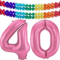 Folat Verjaardag Leeftijd folieballon - 40 jaar - roze - 86 cm - cijferballon groot - incl 2x feestslingers