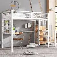 MODFU Hoogslaper 90x200 cm van metaal en MDF, met kledingkast en tafel, wit/naturel