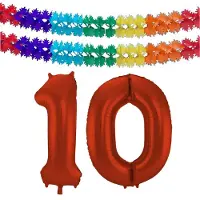 Folat Verjaardag Leeftijd folieballon - 10 jaar - rood - 86 cm - cijferballon groot - incl 2x feestslingers