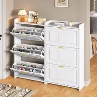 OKWISH Schoenenkast Set Van 2 - 70×24×120 Cm - 6 Vakken Met 3 Klepdeuren En Lade - Voor Hal Woonkamer Kantoor - MDF Wit