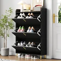 OKWISH Schoenenkast - 3 Kleppen - Smal Voor Hal En Entree - Mat Zwart Met Gouden Metalen Poten En Greep - 80×23×123,5 Cm