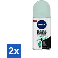 Nivea 2 x - Deodorant - Roller - Black & White Invisible - Active - 50 ml - Anti-transpirant - Zweetvermindering - Deodorant Roller - Zweetbescherming - Kledingbescherming