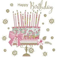 Daisy 40 Servetten - Happy Birthday - Taart - Strik - Bloem - Hart - Op witte achtergrond - Roze - Goud - Licht Blauw - Wit - 33 x 33 cm - 3-Laags -