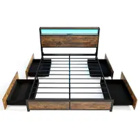 Costway Bed met ledverlichting, laadstation en 4 laden, opbergbed met hoofdeinde en lattenbodem, industrieel bedframe, metalen bed, tweepersoonsbed 200 x 160 cm