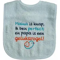 Funnies Witte slab met "Mama is knap, ik ben perfect en papa is een geluksvogel"