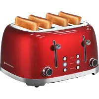Kitchenbrothers Retro Broodrooster - 6 Warmteniveaus - 4 Extra Brede Sleuven - 1630W - Reheat en Ontdooi-functie - Rood
