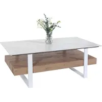Mendler Salontafel -L88, woonkamer tafel tafel, plank ijzer 43x120x60cm gesinterde steen marmer look wit natuurlijk hout