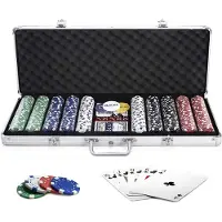 Costway Pokerset met 500 laserchips, pokerkoffer, aluminium, pokerchips, complete set pokerkoffer met doek, 2 pokerdecks