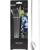 Barlife Rietjes rvs met lepel - Set van 4 herbruikbare rietjes - Incl 1 schoonmaakborstel