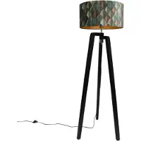 QAZQA Vloerlamp zwart tripod met kap blad dessin en gouden binnenkant 50cm - Puros