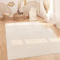 Paco Home Vloerkleed Woonkamer Hoogpolig Scandinavisch Boho Geometrisch Abstract Wasbaar Crème 160 cm Rund