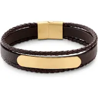 Lucleon Nomen | Drievoudige Goudkleurige en Bruine Leren Geweven Bolo ID-armband