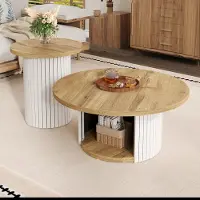 OKWISH Salontafelset Rond - Flexibel Hoofdtafel En Bijzettafel - Woonkamer Scandinavische Stijl - MDF Naturel - 75x75x50 En 45x45x35