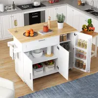 OKWISH Keukentrolley – Inklapbaar Werkblad 132,5x44(70)x90 cm – 1 Lade 2 Kasten – Kruidenrek – Handdoekhouder – MDF Wit+Natural