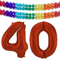 Folat Verjaardag Leeftijd folieballon - 40 jaar - rood - 86 cm - cijferballon groot - incl 2x feestslingers