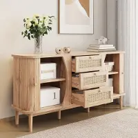 OKWISH Dressoir - Rotanladen - 3 Lades En 2 Schuifdeuren Met Verstelbare Planken - 140,5×40×76 cm - Houtlook Lichtbruin - Spaanplaat Massief Houten Poten