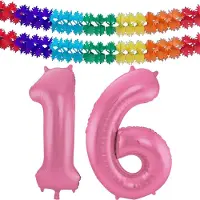 Folat Verjaardag Leeftijd folieballon - 16 jaar - roze - 86 cm - cijferballon groot - incl 2x feestslingers