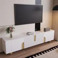 OKWISH Tv Meubel - 180x40x44 Cm - 4 Deuren Met Ruime Opbergruimte - Marmerlook Bovenblad - MDF En Spaanplaat - Wit En Hout