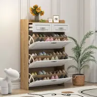 OKWISH Schoenenkast Met Draaibare Vakken - 80×23,5×131 cm - 3 Kleppen 2 Lades - Veel Opbergruimte - Spaanplaat Wit Natural