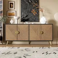 OKWISH Dressoir – 160x40x75 cm – 4 Deuren – Zwart+Bruin Structuur Deuren Met Geborstelde Gouden Grepen – MDF;Spaanplaat – Modern Woonstijl