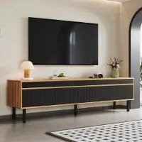 OKWISH Tv Meubel - 4 Deuren Met Drukopener - Woonkamer Opbergruimte - Spaanplaat Zwart Met Houttint - 170x38x47,7 Cm