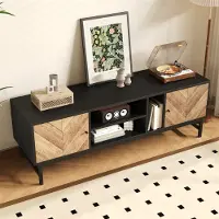 OKWISH Tv Meubel - Zwart En Houtlook Contrast - 150x38x55 Cm - 2 Kastjes En Open Vakken - Opgeruimd Woonkamer