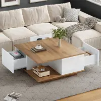 OKWISH Salontafel – Vierkant 70×70×31,5 Cm – 3 Laden En Open Vak – Hoogglans Fronten – Voor Kleine Woonkamer – Spaanplaat Wit Walnoot