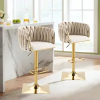 OKWISH Barkruk – Draaibare Barkruk Met Rugleuning & Voetsteun – Gasveer Verstelbaar 65–83 cm – Fluweel – Ivoor – 150 kg Draagvermogen – Gouden Poten