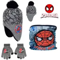 Marvel Spiderman Set - 3 Delig - Muts + Nekwarmer + Touchscreen Handschoenen - Grijs/Zwart - Maat 54 cm hoofdomtrek - ± 4-8 jaar