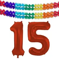 Folat Verjaardag Leeftijd folieballon - 15 jaar - rood - 86 cm - cijferballon groot - incl 2x feestslingers