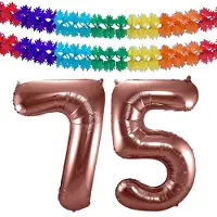 Folat Verjaardag Leeftijd folieballon - 75 jaar - rosé goud - 86 cm - cijferballon groot - incl 2x feestslingers