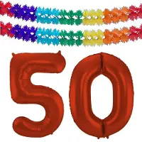 Folat Verjaardag Leeftijd folieballon - 50 jaar - rood - 86 cm - cijferballon groot - incl 2x feestslingers