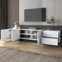 OKWISH Tv Meubel - Hoogglans Kast Met 3 Deuren En 2 Lades - Voor Woonkamer - Spaanplaat Wit Met Zwarte Poten - 190x45x35 Cm