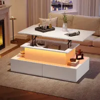 OKWISH Salontafels - Moderne Salontafel Met Hoogglans En LED Licht - 4 Praktische Lades - 90x55x41 cm - Spaanplaat - Wit