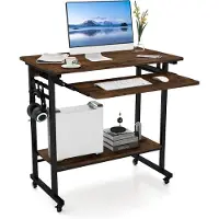 Costway Bureau met wieltjes, toetsenbordplank, ruimtebesparende computertafel, pc-tafel met legplank onder en haken, industriële laptoptafel voor thuiskantoor, vintage bruin