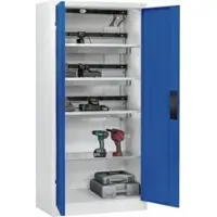 C+P Acurado acculaadkast, afsluitbaar, met ventilatie + binneninrichting, B 930 x D 500 x H 1950 mm, staal, gentiaanblauw RAL 5010/lichtgrijs RAL 7035