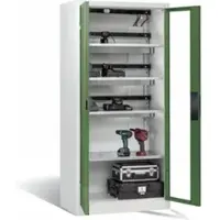 C+P Comfort acculaadkast met kijkvenster van acrylglas, H 1950 x B 930 x D 500 mm, lichtgrijs/resedagroen