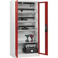 C+P Acurado acculaadkast, afsluitbaar, met ventilatie + binneninrichting, B 930 x D 500 x H 1950 mm, staal, robijnrood RAL 3003/lichtgrijs RAL 7035