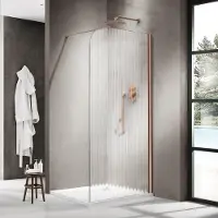 FortiFura Galeria Inloopdouche - 100x200cm - afgeronde glaswand - rechts - ribbel glas - wandarm - geborsteld koper PVD SW1421076/SW876702