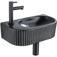 Qeramiq Fuente Fonteinset - 40x21.5x12cm - links - geribbeld - halfrond - 1 kraangat - keramiek - fonteinkraan zwart mat - afvoerplug - verlaagd sifon - zwart mat SW1522212/SW696205/SW696215/SW696235