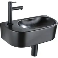 Qeramiq Fuente Fonteinset - 40x21.5x12cm - links - glad - halfrond - 1 kraangat - keramiek - fonteinkraan zwart mat - afvoerplug - verlaagd sifon - zwart mat SW1209556/SW696205/SW696215/SW696235