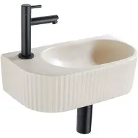 Qeramiq Fuente Fonteinset - 40x21.5x12cm - links - geribbeld - halfrond - 1 kraangat - keramiek - fonteinkraan zwart mat - afvoerplug - verlaagd sifon - beige SW1522215/SW696205/SW696215/SW696235