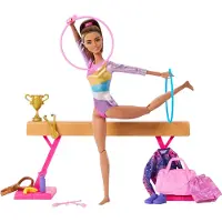Barbie Gymnastiekpop & Accessoires Speelset met Brunette Modepop C-Clip voor Flipping Action Evenwichtsbalk Warming-up Pak & Meer