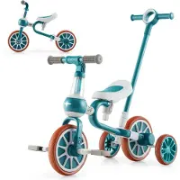 Costway 4-in-1 kinderdriewieler, loopfiets, balansfiets en duwauto met verstelbare duwgreep en afneembare pedalen, voor kinderen vanaf 1 jaar, groen
