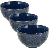 Discountershop Soepkommen Ø14 cm - Set van 3 Aardewerk Kommen - Serveerkommen Zonder Oor – Gebruikt als Schalen en Fruitschaal – Blauwe Ramen Kom Set